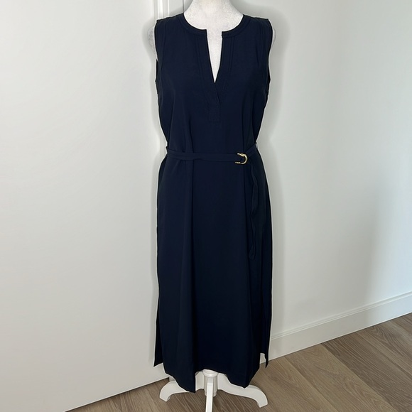 Ann Taylor Split Neck Belted Midi Dress Size XS NWT Night Sky Deep Navy Blue - Picture 2 of 10
